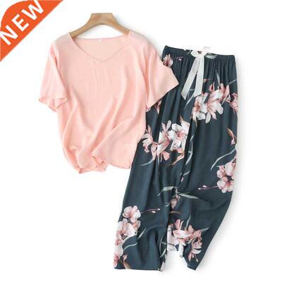 Breathable 2PCS Pajama Short Sleeve Printed Pijama Mujer Fem