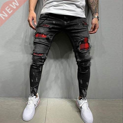 Men Painted Sretch Skinny Jeans Slim Fit Ripped Disressed Pl