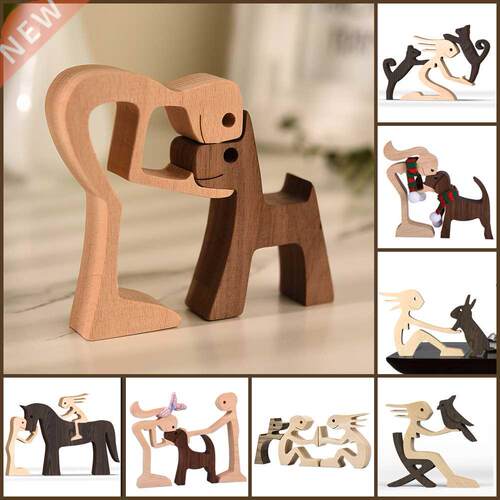 Family Puppy Wood Dog Craft Figurine Desk Table Ornament