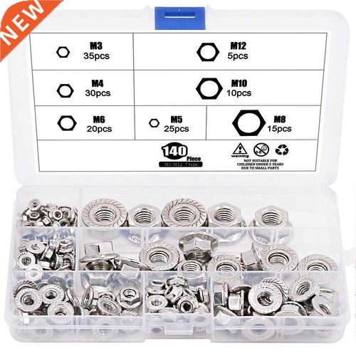 140Pcs 3 4 5 6 8 10 12 Hex Flange Nuts Assortent Kit