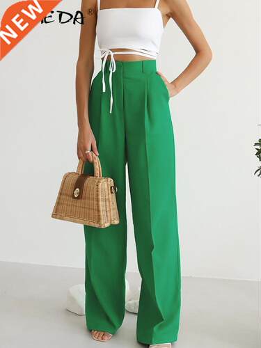 Women Casual Elegant Long Pants Green High Waist Wide Leg Tr
