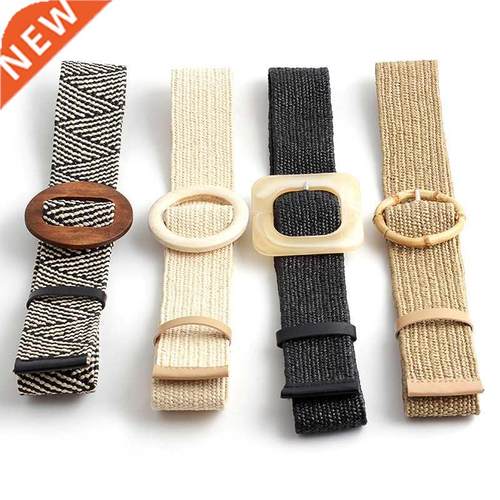 Women Wide Braided Elastic Belt for Dress Round Bamboo Buckl