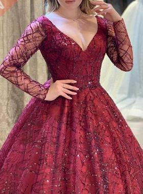 Dress For Wedding Guest Red Shinny 2021 New Lady V Neck Long