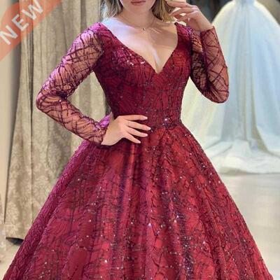 Dress For Wedding Guest Red Shinny 2021 New Lady V Neck Long