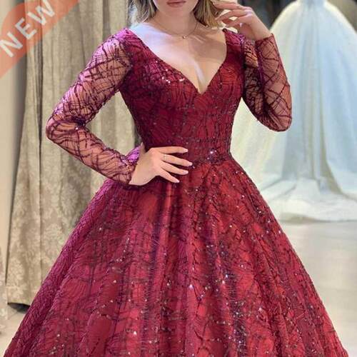 Dress For Wedding Guest Red Shinny 2021 New Lady V Neck Long
