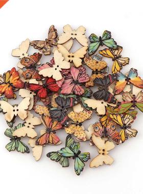 50PC 2 Holes 3 Size Colorful Butterfly Wooden Buttons Fit Se