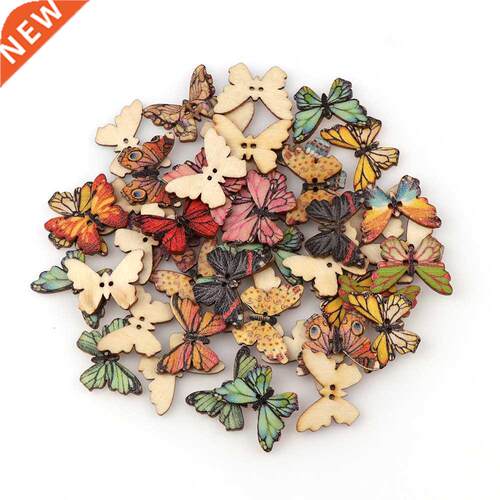 50PC 2 Holes 3 Size Colorful Butterfly Wooden Buttons Fit Se