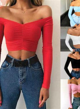 2020 Deep V neck Cross Crop Tops Blouses Women Long Sleeve O