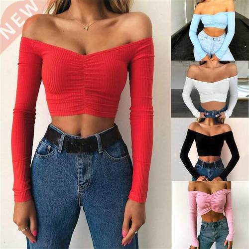 2020 Deep V neck Cross Crop Tops Blouses Women Long Sleeve O