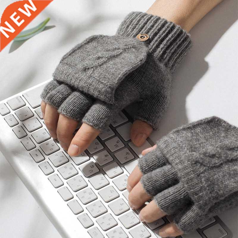Wool Knitted Fingerless Flip Gloves Winter Warm Flexible Tou