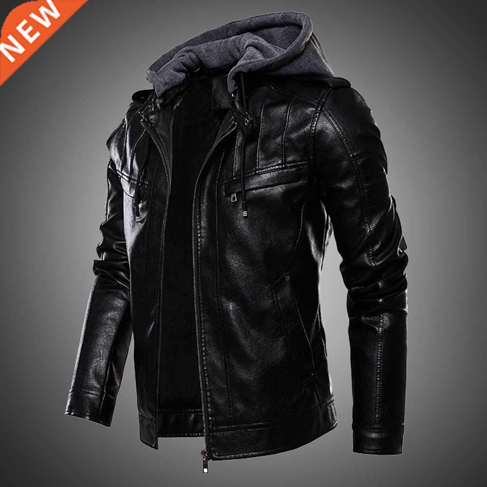 Mens Jacket PU Leather Jackets Men Hooded Coat Fur Lined Mot图片