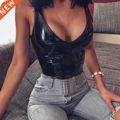 Black Leather Skinny Leather Sleeveless Set Woman Rompers Ba