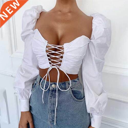 Women Ladies Puff Sleeve Strapless Crop Tops White Shirts Se