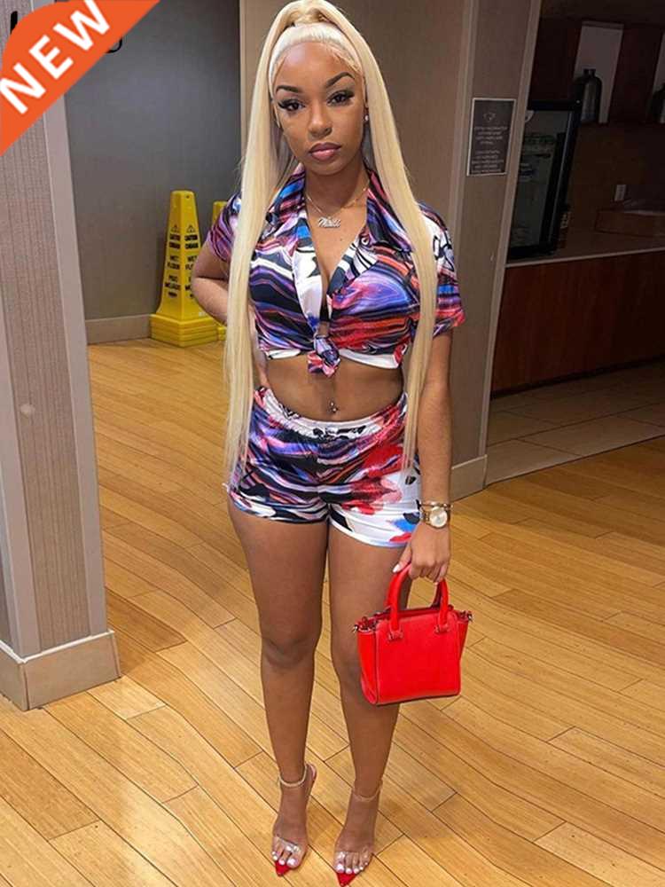 Kliou Multi-Color Print Two Piece Set Casual Short Sleeve Pl