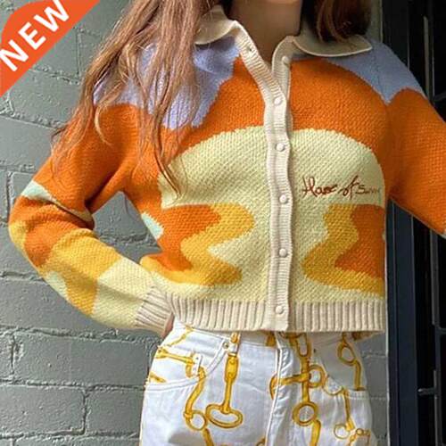 Women Autumn Vintage French Style Sunshine Print Short Knitt
