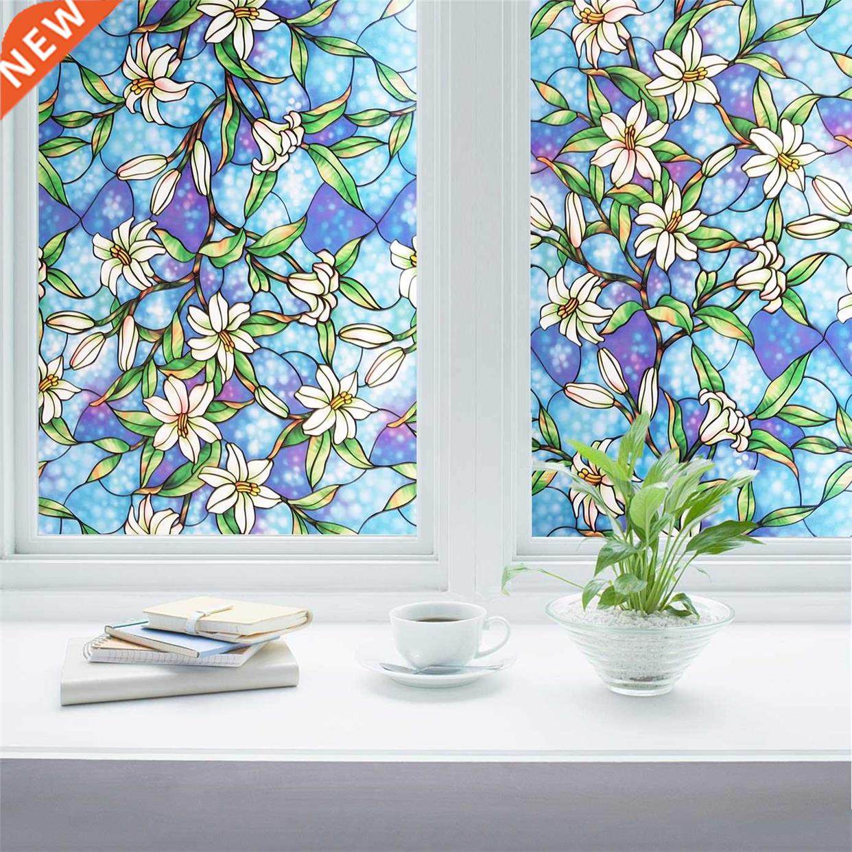 *Multi-size self-adhesive blue floral home decoration window
