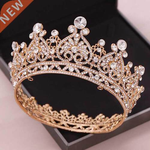 Gold Color Big Round Crowns Baroque Tiara Crown Crystal Hear