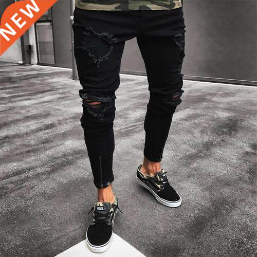 Hot Men Black Jeans Skinny Ripped Destroyed Stch Slim Fit Ho