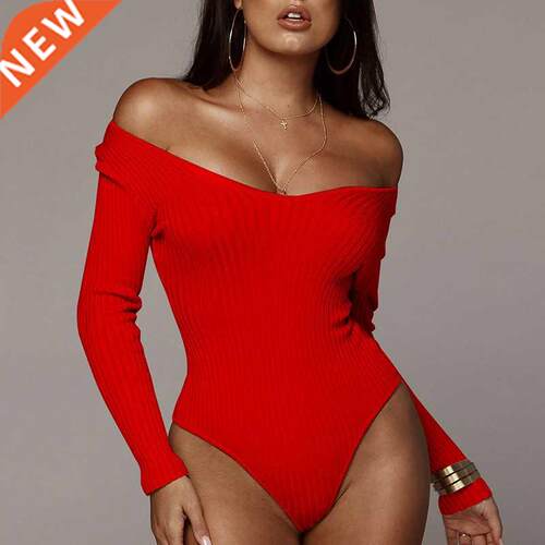 Autumn Women Off Shoulder Long Sleeve Bodysuit Winter Knitte