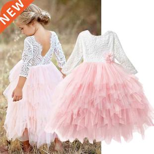 Girls Spring Lace Embroidery Princess Dress Kids Flower Fluf