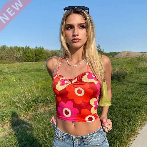 Bomblook 2021 Y2K Kawaii Flower Printing V-Neck Lace-Up Mid
