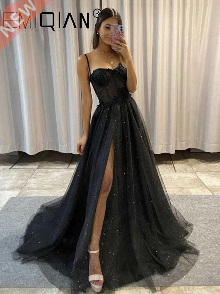 Popular Side Slit D Flowers Long Evening Gowns , Spaghetti