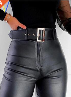 Black Belt High Wiast Pants Women Faux Leather PU Trousers