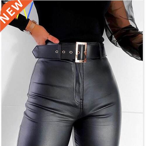 Black Belt High Wiast Pants Women Faux Leather PU Trousers