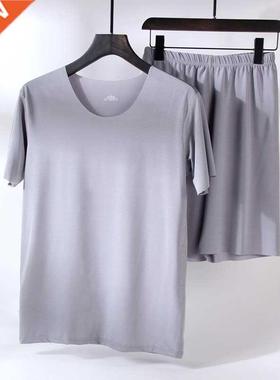 Men's Homewear Ice Silk Solid Color Thin Shirt Two-Piece Set