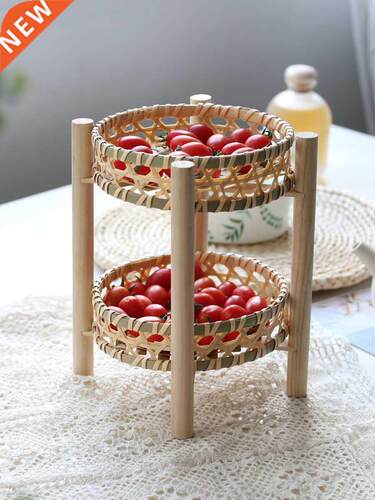 Handmade Bamboo Storage Basket Double Deck Fruit Plate