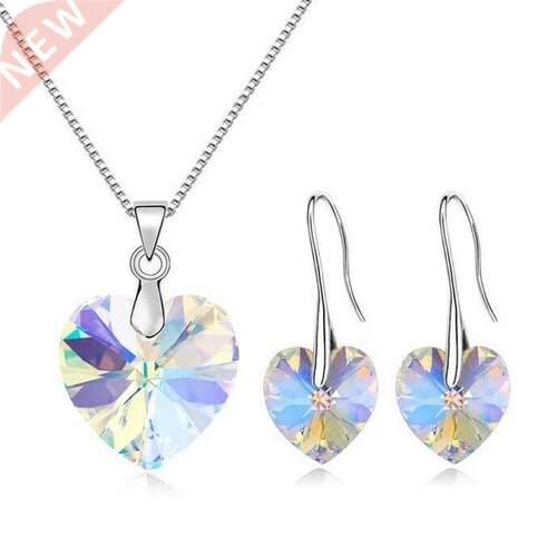 Women's Silver White AB Zircon Heart Pendant Necklace Earri
