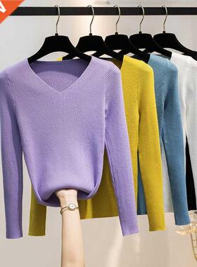 Autumn and Winter V-neck Knitted Long-Sleeved sweater Slim T