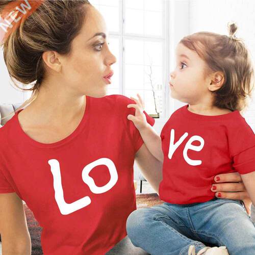 Love family matching clothes red Cotton Mother And Daughter