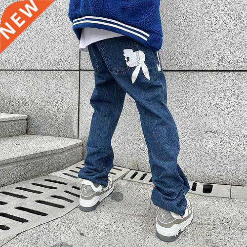 High Sreet Letter Print Straight Ripped Loose Jeans Pants fo