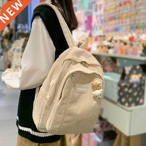 Stripe Cute Corduroy Woman Backpack Schobag For Teenage Gi