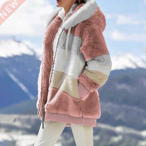 Winter women jacket fashion Plush patchwork zipper pocket wi