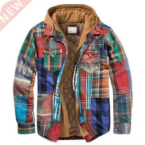 Mens Autumn Winter Jacket Harajuku Plaid Hooded Zipper Long