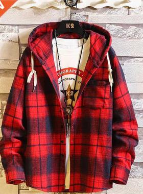 Casual Brand With Hooded Plaid Shirt Men'S Fleece Re