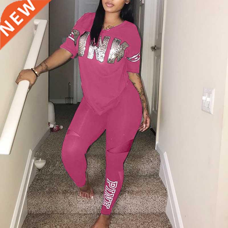 Casual 2 Piece Sets Women's Suit Tracksuits Set Pink Letter