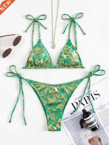 Women Green Leopard Print Push Up Bandage Thong Swimsuit