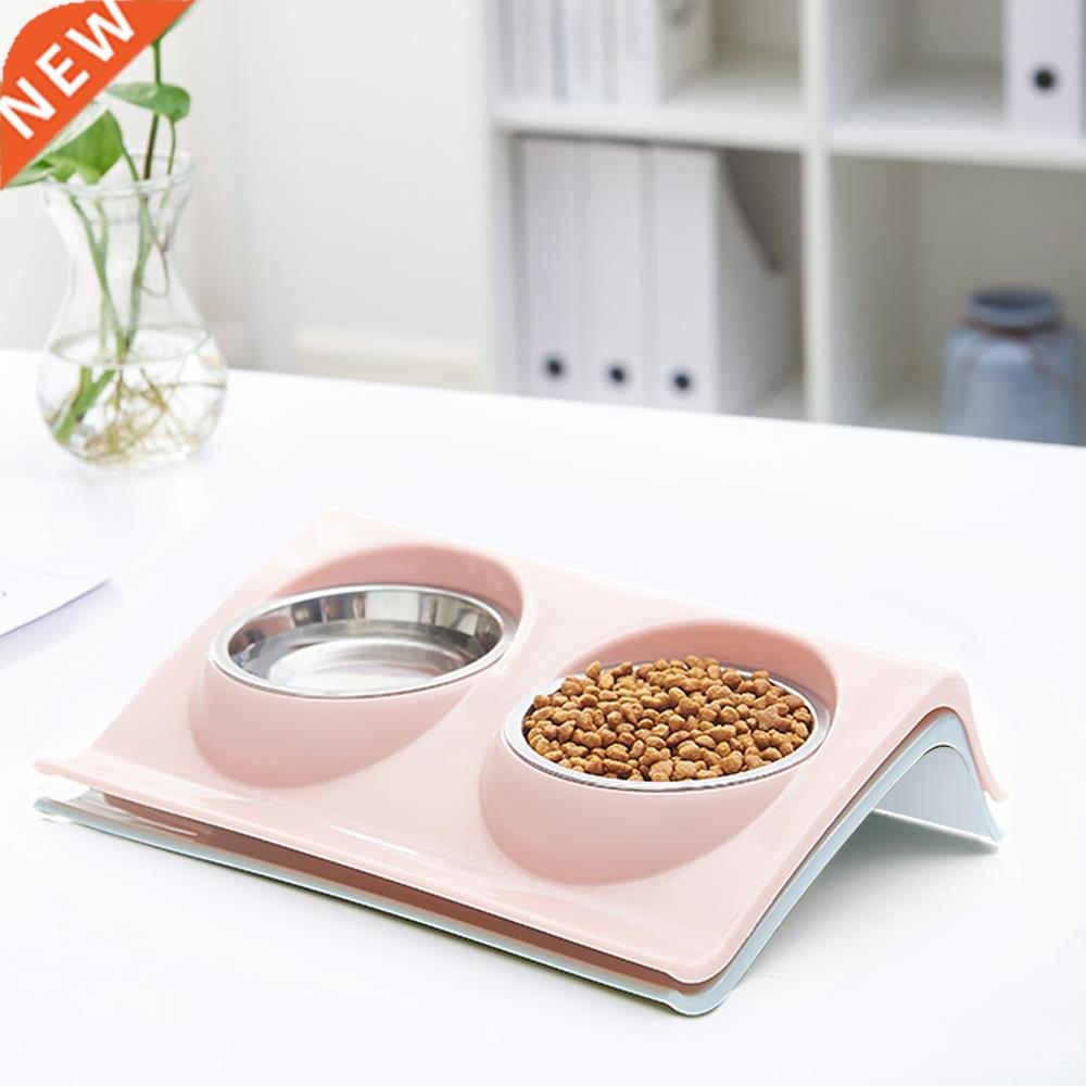 Double Dog Cat Bowls Stainless Steel Pet Food Water Feeder F