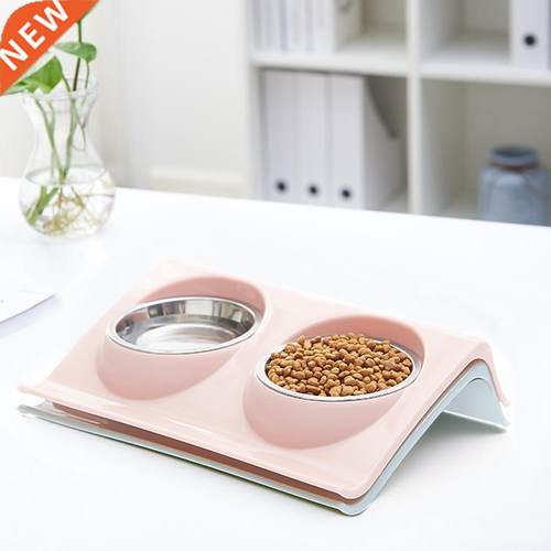 Double Dog Cat Bowls Stainless Steel Pet Food Water Feeder F