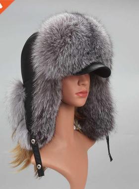 Genuine Silver Fox Fur Hat with Ear Flaps Real Natural Fur C