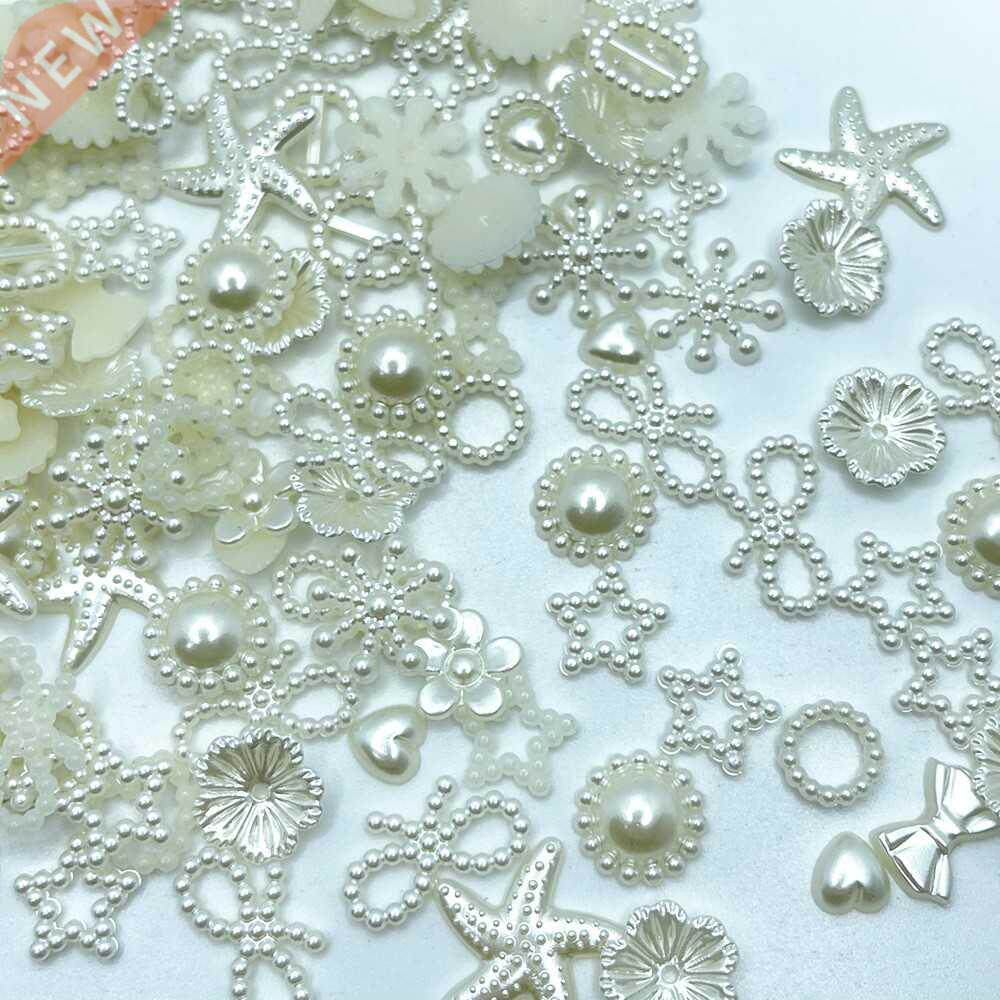 100pcs Beige ABS Resin Half Round flower Bow Alien Pearls
