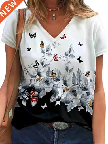 Women Fashion T-Shirts Summer Short Sleeve Casual Tops Butte