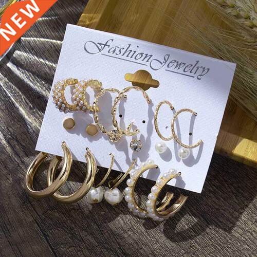 6/9 Pairs Big Hoop Pearl Earring Set Fashion Gold Metal Eari