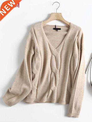 Tangada Women 2022 Twist Woolen Knitted Sweater Jumper V Nec