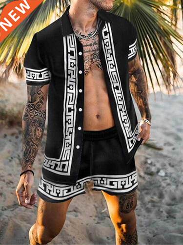 Men Hawaiian Printing 2021Summer Short Sleeve Button Shirt B