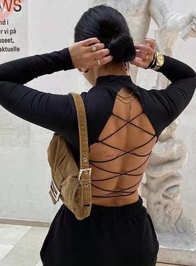 202 2 slim long sleeve open back hollow bottoming shir t女