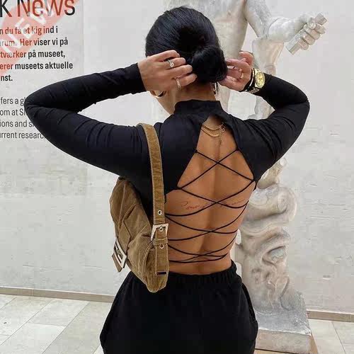 202 2 slim long sleeve open back hollow bottoming shir t女